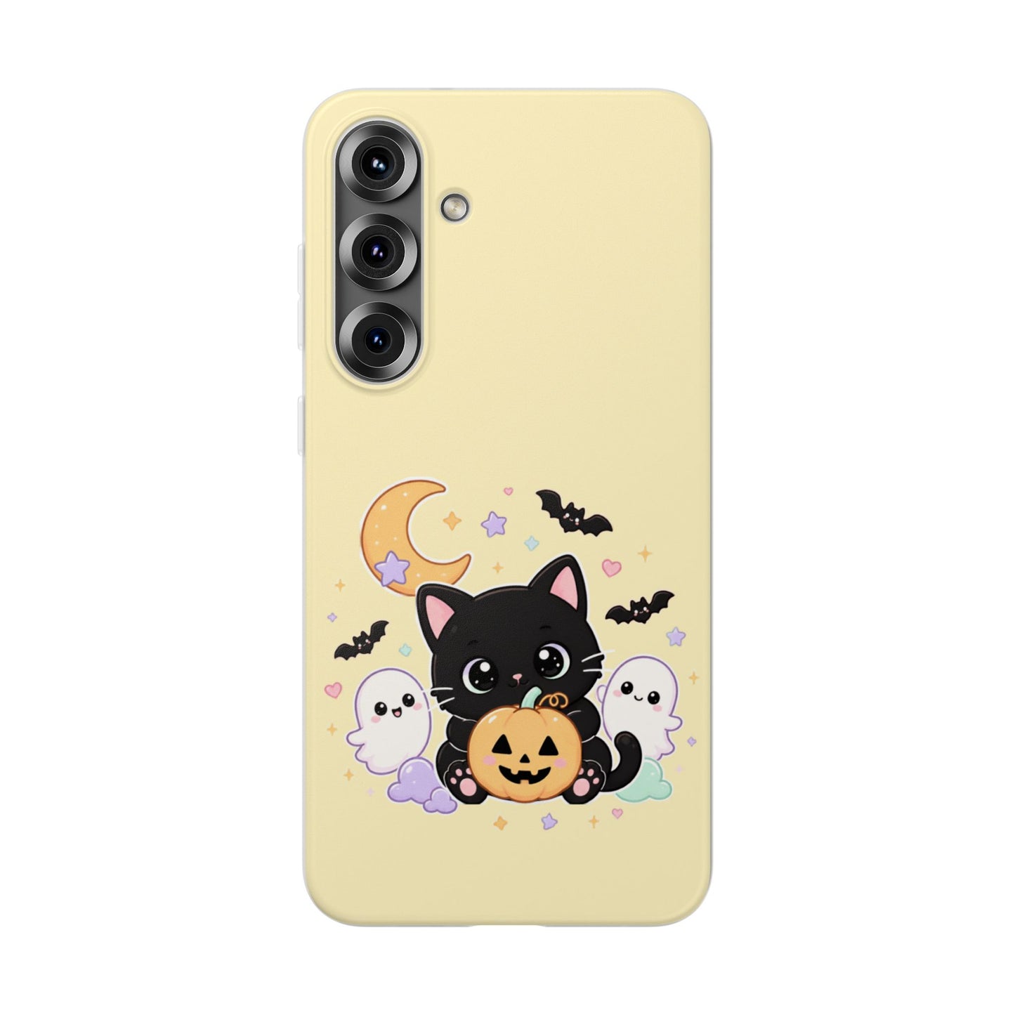 Cute Halloween Black Cat Phone Case — Kawaii Pumpkin & Ghosts Flexi Case
