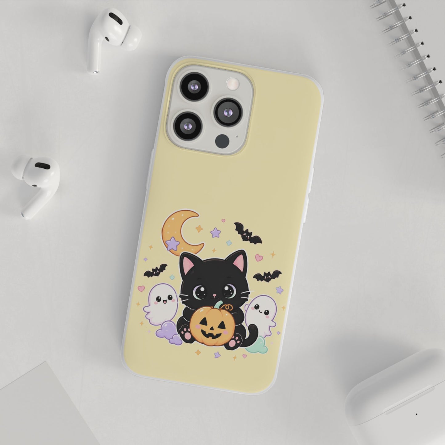 Cute Halloween Black Cat Phone Case — Kawaii Pumpkin & Ghosts Flexi Case