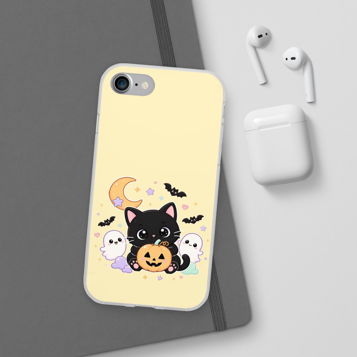 Cute Halloween Black Cat Phone Case — Kawaii Pumpkin & Ghosts Flexi Case