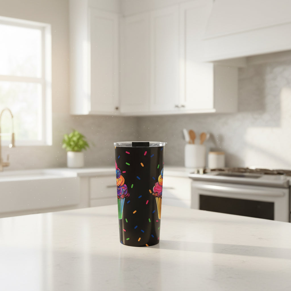 A black insulated travel tumbler with a clear lid, featuring a colorful ice cream and cupcake pattern with multicolored sprinkles on a white background.