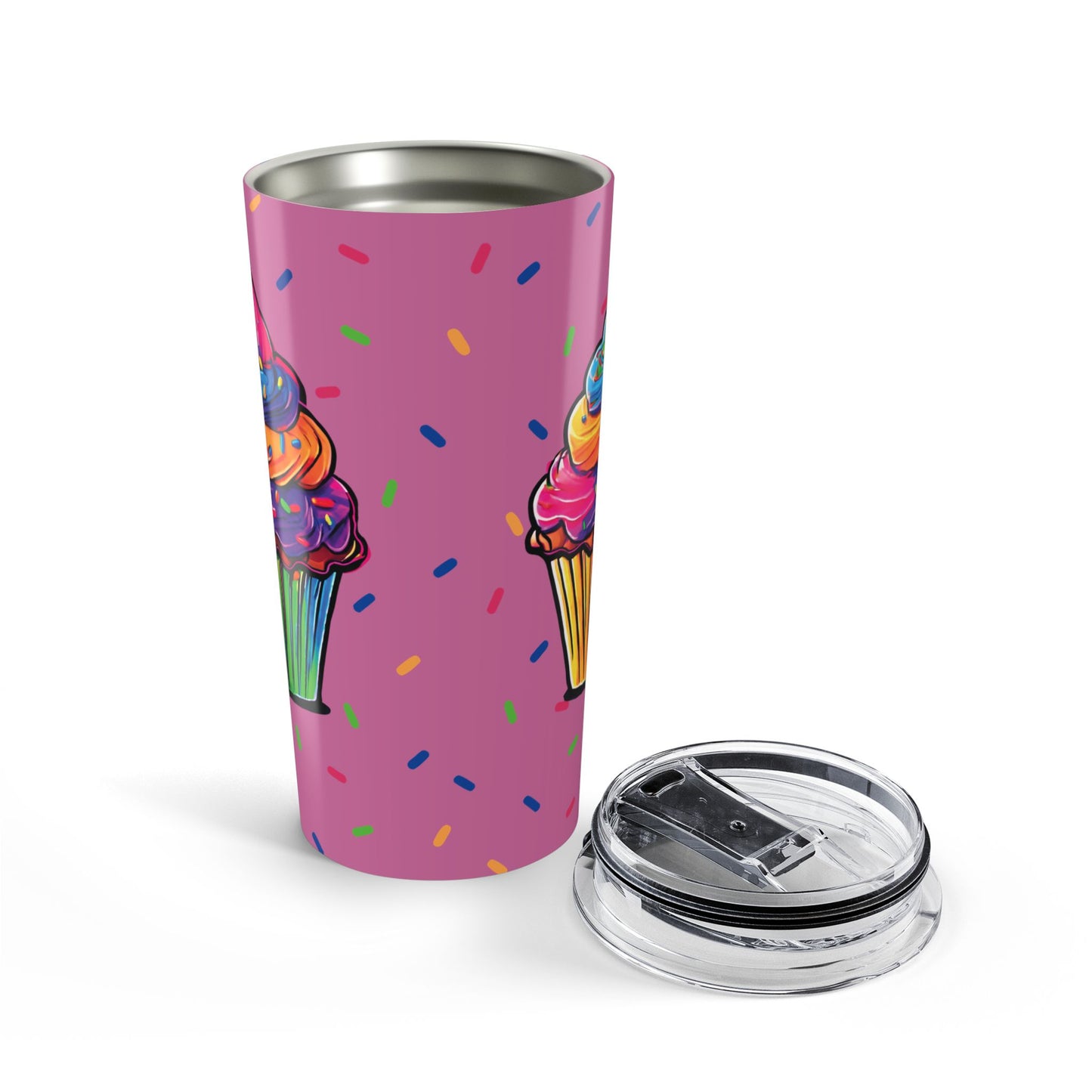 20oz Cupcake Tumbler — Colorful Rainbow Frosting Travel Cup Pink