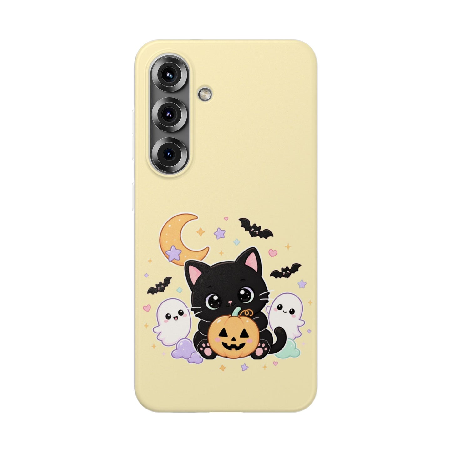 Cute Halloween Black Cat Phone Case — Kawaii Pumpkin & Ghosts Flexi Case