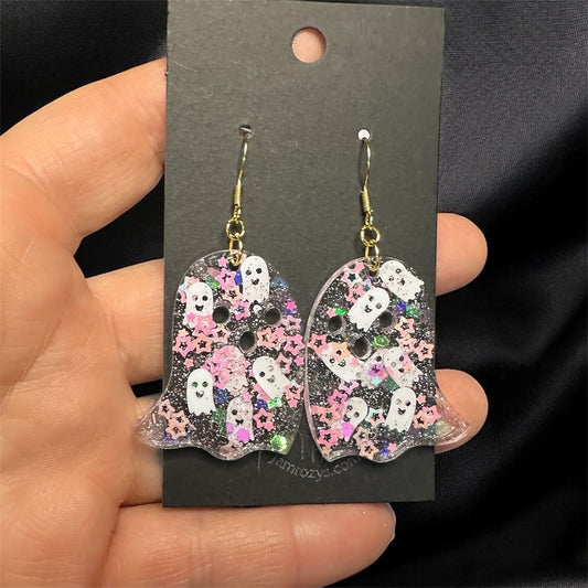 Spooky Cute Ghost Earrings – Handcrafted with Glitter & Stars on 18K Gold Plated Hooks