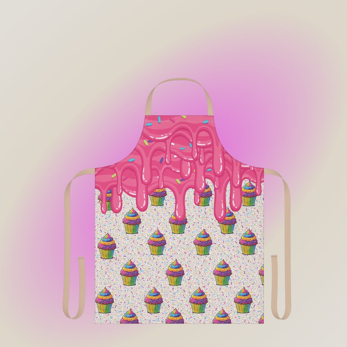 Jamrozy's Limited Company polyester canvas apron featuring a pink cupcake icing drip design and beige straps.