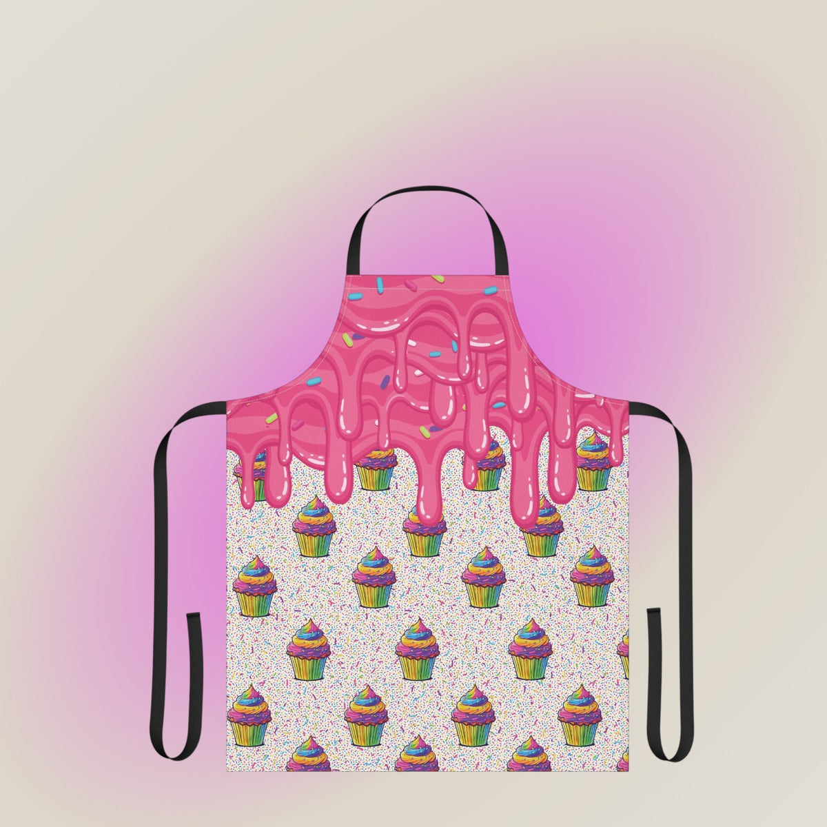 Jamrozy's Limited Company polyester canvas apron featuring a pink cupcake icing drip pattern and black tie straps