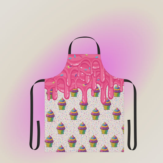 Jamrozy's Limited Company polyester canvas apron featuring a pink cupcake icing drip pattern and black tie straps