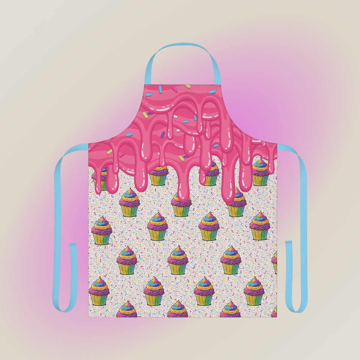 Jamrozy's Limited Company polyester canvas apron featuring a pink icing drip design and colorful cupcake pattern