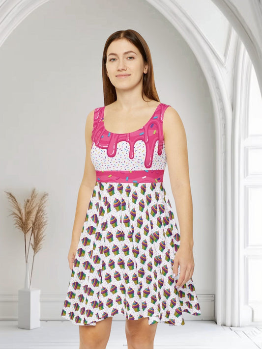 Jamrozy's Limited Company skater dress with pink icing drip and cupcake print on a white polyester spandex blend